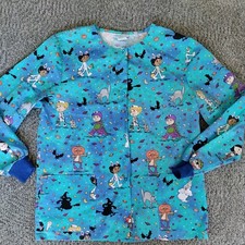 SB Scrubs Long Sleeve Size M Nursing Top Halloween Trick or Treat Fun Cats Stars