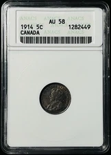 Canada 1914 5c George V~ANACS AU58 Original Luster Darker Tones~ Pretty Nice, C2