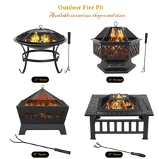 Outdoor Fire Pit Wood Burning Metal Fireplace w/Mesh Lid & Poker 22" 24" 26" 32"