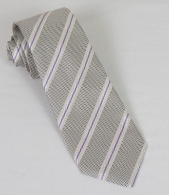 Worn? Isaia Napoli  Seven Fold Grey Pin Dot Repp Stripe 100% Silk Tie 3.5 x 58