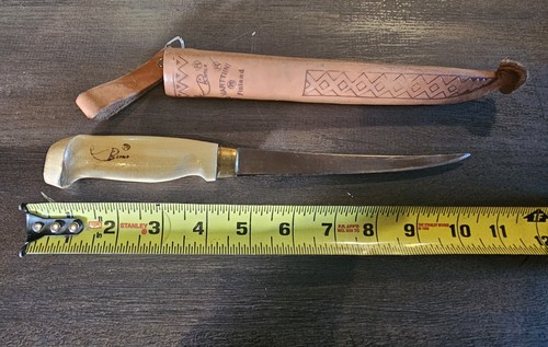 Signed J. Marttiini Finland Hand Ground Stainless Fillet Knife w/ Leather Sheath - Picture 7 of 9