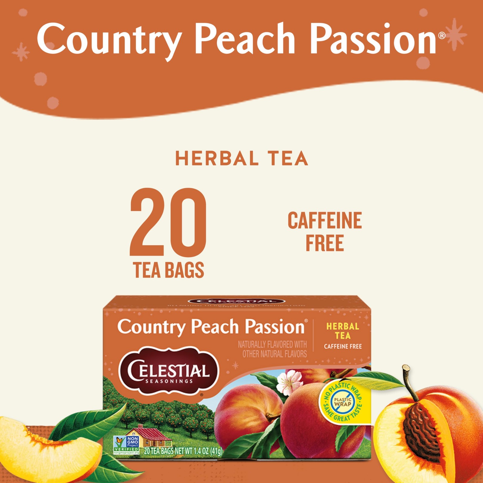 Celestial Seasonings Country Peach Passion Herbal Tea 20 Count Caffeine Free