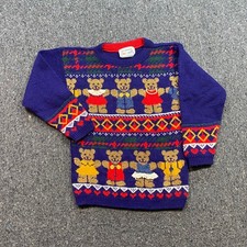 Jet Set Teddy Bear Sweater Sz S Kids Purple Vintage 90s Knit Made in USA