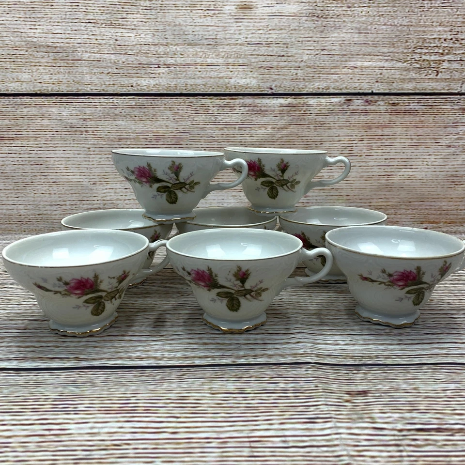 Juego de 8 tazas de té florales vintage con borde dorado rosa C-207 porcelana fina con estuche Foto 2 de 4