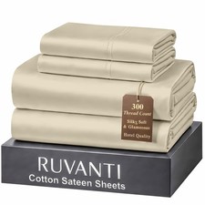 RUVANTI 100 Cotton Sheets Queen Size Bed Set - 300 Thread Count Queen, Beige