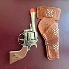 Vintage Schylling Diecast Toy Cap Gun With Holster and Eagle Grips