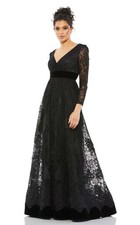 Mac Duggal Black Lace Long Sleeve Wrap Velvet Waist A Line Gown Size 18 598