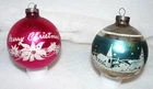 2 Vtg~3-5/8” Corning~ GREETING & WINTER CHURCH SCENE~ US of A  Xmas Ornaments