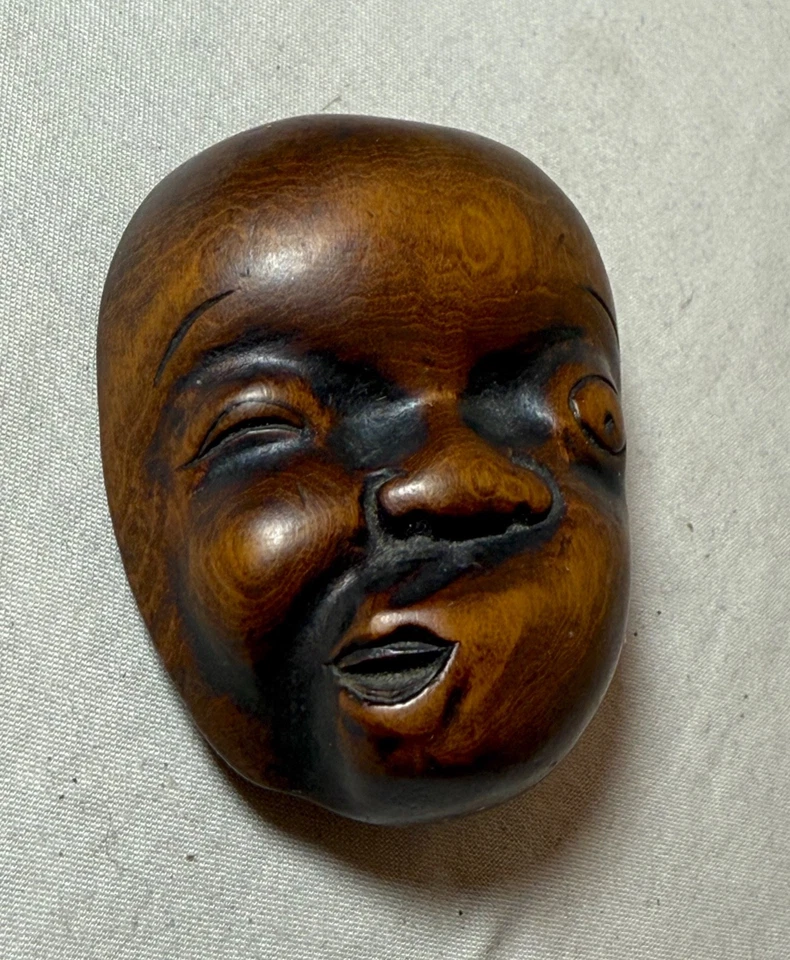 Máscara japonesa antiga esculpida à mão de buxo Netsuke Noh escultura Hyottoko - Imagem 3 de 4