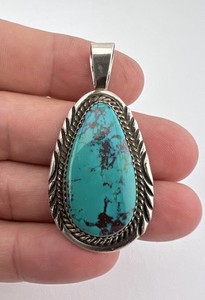 Vtg Will Denetdale Navajo Sterling Silver Kingman Turquoise Stamped Pendant 2"