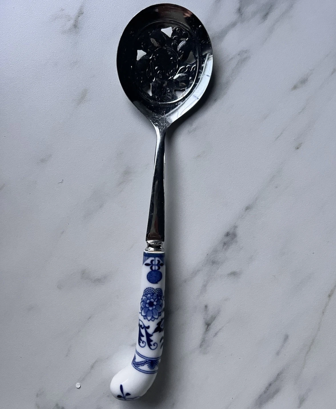 Sheffield England Danube Porcelain Handle Slotted Onion 10” Serving Spoon