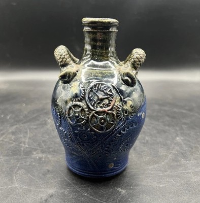 Art Pottery Vase Steampunk Clock Gears Applied Handles Artist Signed 6 