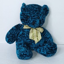 Christmas Teddy Bear Blue Gold Bow Tie Shiny Plush Stuffed Animal Soft 14"
