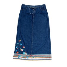 Vintage Y2K Floral Embroidered Denim Maxi Skirt Blue Striped trim boho