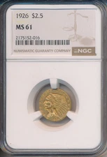 1926 $2.50 INDIAN HEAD QUARTER EAGLE GOLD COIN **NGC CERTIFIED MS 61** FREE SHIP