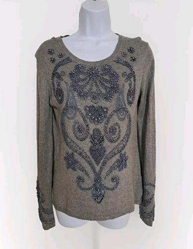 Michael Simon Womens Sz L Henley Sweater Silk Cashmere Gray Embellished Thermal
