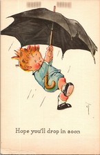 Hope You'll Drop In, Boy Falling w Umbrella Twelvetrees Vintage Postcard G54