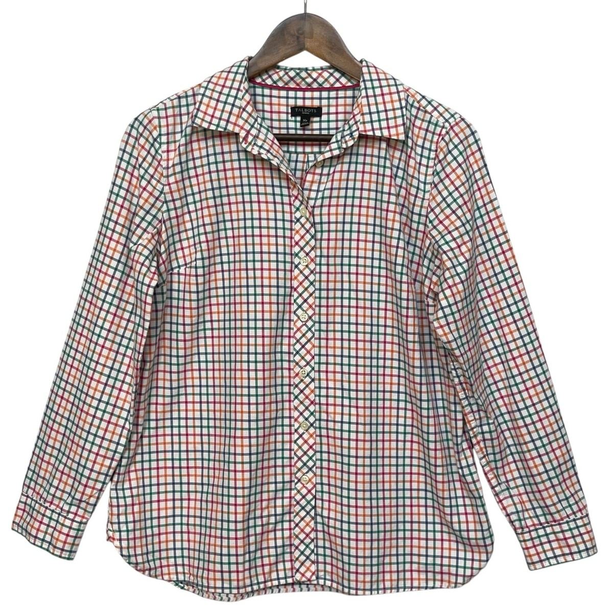 Talbots Women Shirt Top Size PM Multicolor Plaid 100% Cotton Long