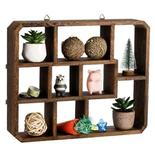 Rustic Shadow Box Display Shelf 9 Compartments Wood Hanging Floating Multi-Slot