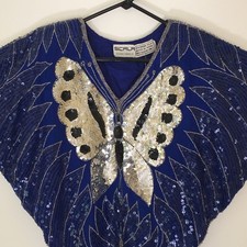 Vintage Scala Butterfly Sequin Top Womens Silk Blue Silver Eveningwear Disco