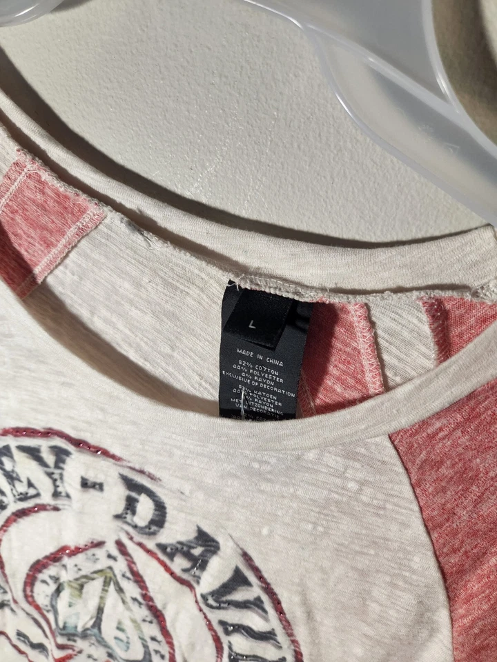 Harley Davidson Spade Logo Shirt Womens L Tee Raglan Print Pink White Small - Imagem 4 de 4