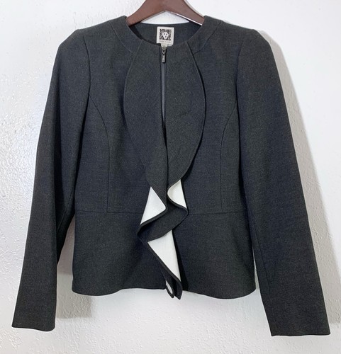 Anne Klein Gray Ruffle Front Zip Jacket Blazer Peplum Professional Career Size 4