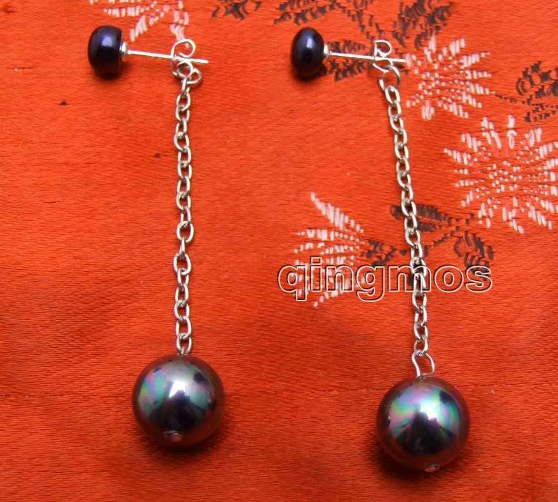 Pendiente de perlas naturales planas negro de 7 mm para mujer 12 mm concha de mar perla colgante Foto 4 de 4