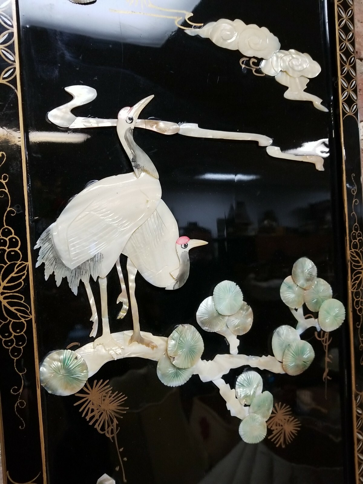 Oriental Asian Shell Art Picture Cranes Storks Japaned BLACK Lacquer
