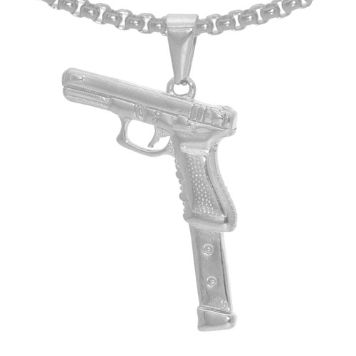Mens Womens Punk Rock Stainless Steel Gun Pendant Cool Pistol Necklace(White)|Pu