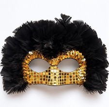 Black/Gold Feather Masquerade Mask Sequin Costume Halloween Mardi Gras Carnival