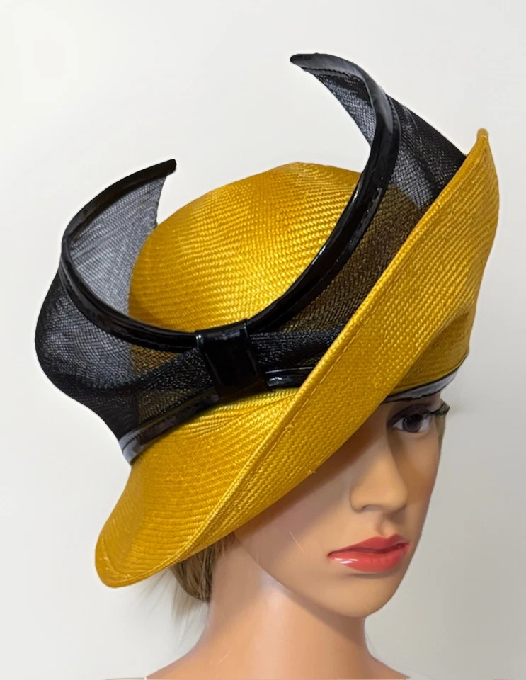 Unique Mr John Classic Yellow Straw Hat w/ Black Mesh Bow Mid Century Style  - Image 2 of 4