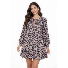 H&M Floral Cotton Mini Dress Pink Blue Black Ruffle Tie Neck LS Boho L 102-19