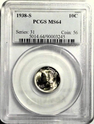 1938-S Mercury Winged Liberty silver dime PCGS MS64