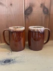 2 Vintage Hull Ovenproof USA Marked Mirror Brown Drip Glaze Large Mugs 5" Tall