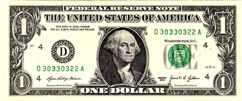 $1 2021 Fancy Serial  Uncirulated CU D30330322A