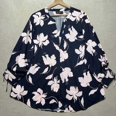 Lane Bryant Floral Tunic Top V Neck Tie Sleeve Plus Size 18 20 Navy Pink