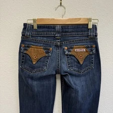 Hudson Jeans Women 27 Flap Leather Pocket Flare Dark Watch Stretch Denim USA