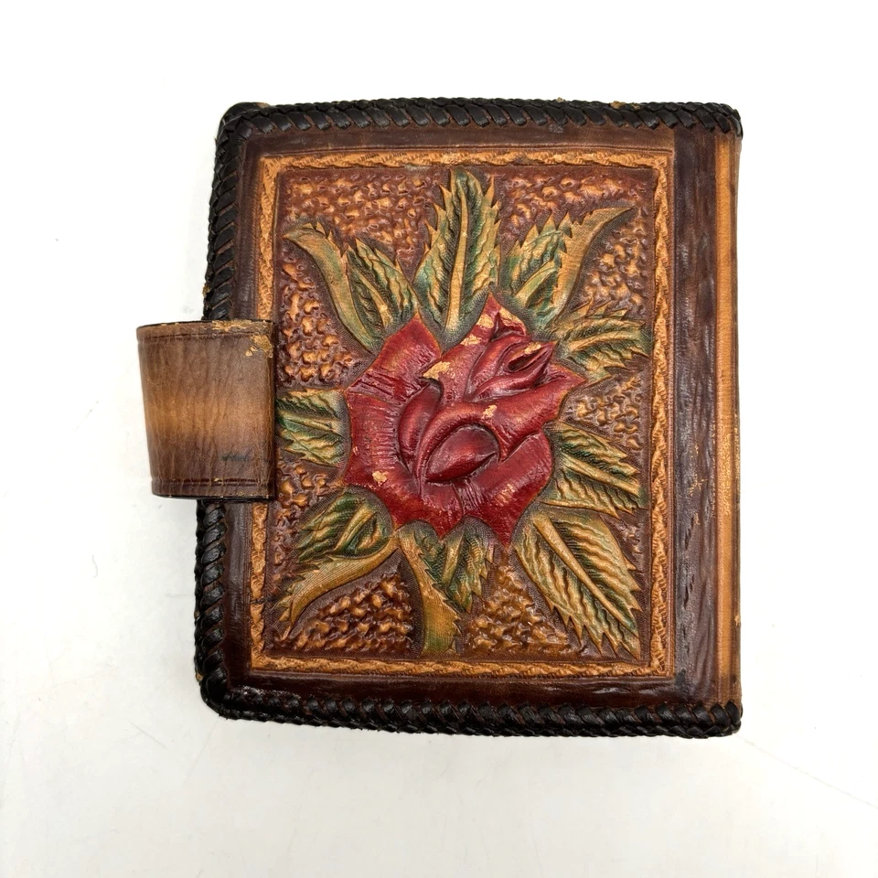 Álbum de Bolsillo Carmen Swan Rose Años 70 Hecho a Mano Cuero Sillín Tooled 5.25"x4.5" Foto 2 de 4