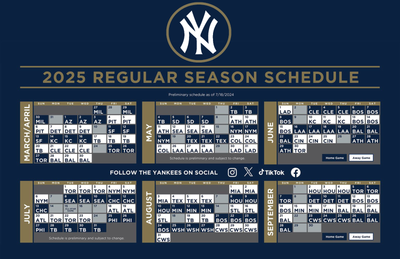 New York Yankees 2025 Schedule Poster 11 x 17 inches NY Yankees Baseball