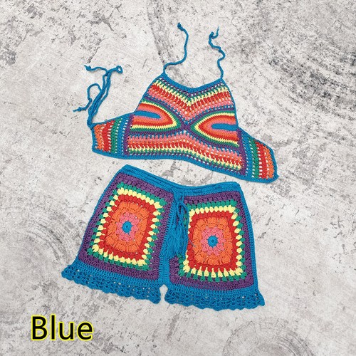 Handgehäkeltes Bikini-Set groß quadratisch Shorts bauchfreies Oberteil Neckholder Tank Badeanzug Anzug - Bild 9 von 10