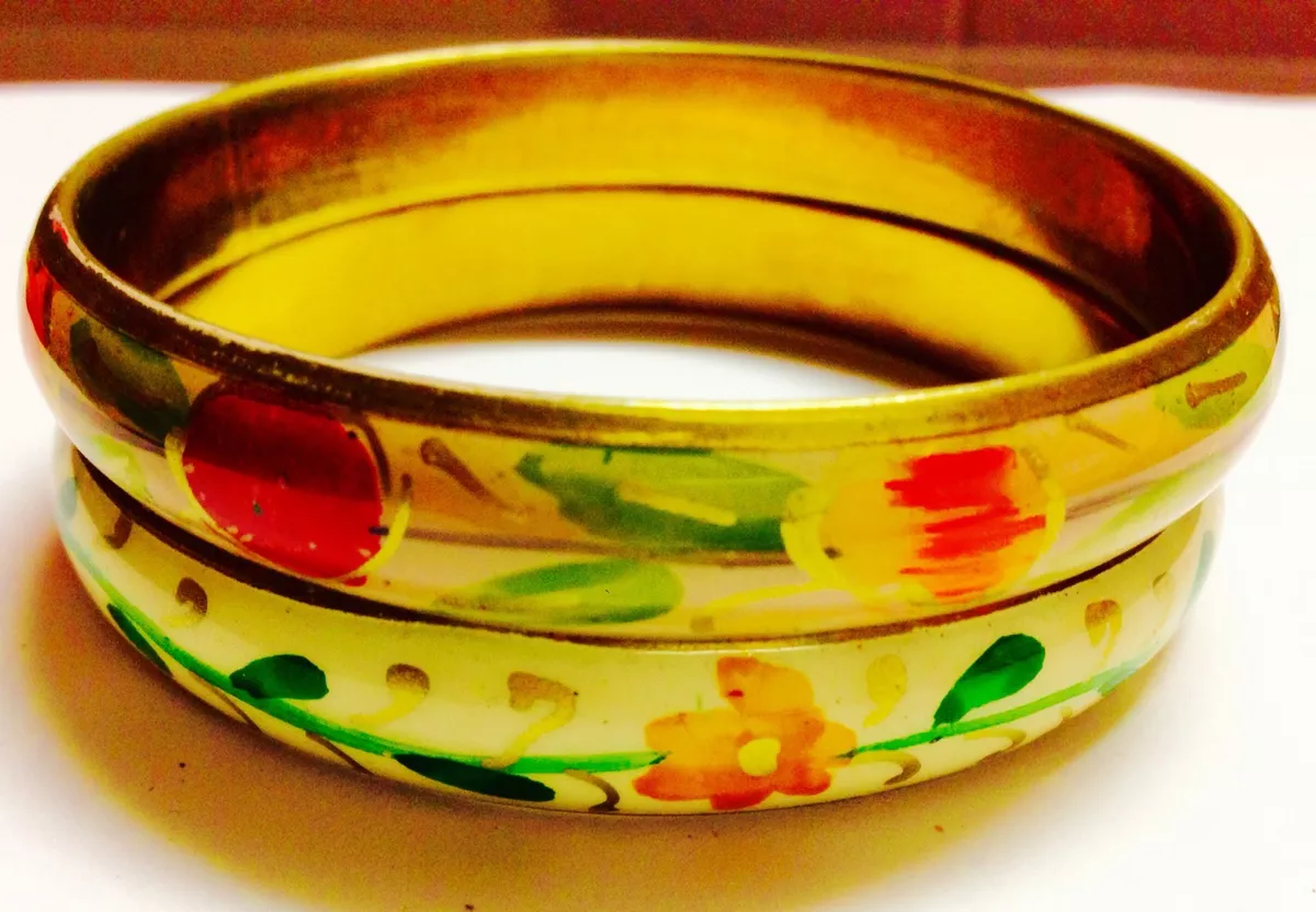 Women Handmade Ethnic Wood Hand Painted Bangles Bracelet Yellow