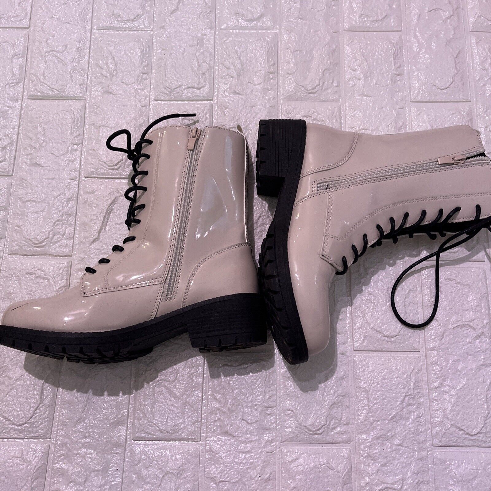 Laced Up Lug Sole Zipper Faux Leather Combat Boot… - image 6