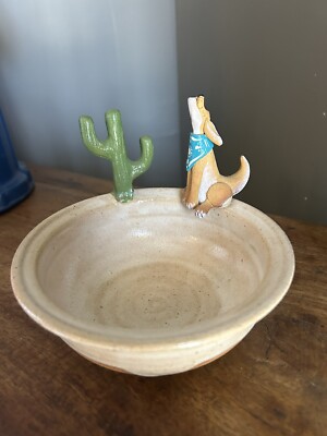Studio Art GLAZED POTTERY BOWL Stonewear COYOTE CACTUS Signed CANDY 6.25  x 4.5 