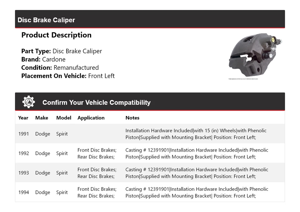 Pinza de freno de disco delantera izquierda cardone 1992 1993 Dodge Spirit 1991-1994 Foto 2 de 4