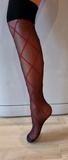 Ladies Black With Red Diamond Pattern Knee High Pop Socks