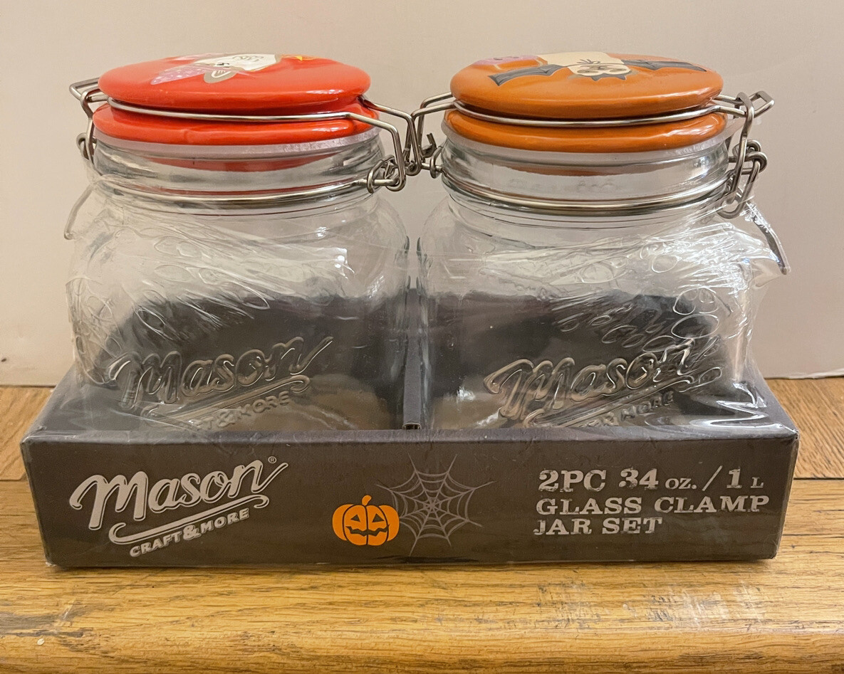 Mason glass clamp jar set 2 pc 34oz /1L each pug bat witch halloween dogs 48552632416 eBay