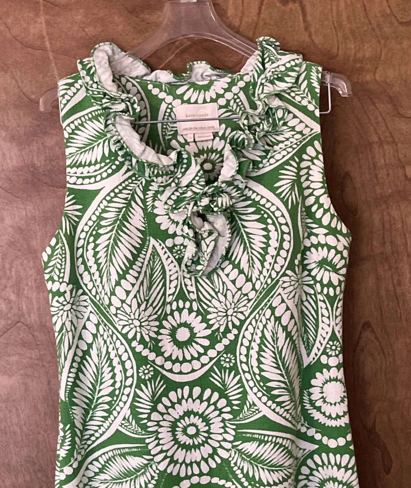 Abito tubino botanico verde e bianco KATE SPADE collo arricciato senza maniche taglia S