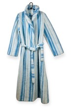 Vintage 70s Robe Long Fuzzy Fleece Size M/L Heavy Belt Housecoat Blue Stripe