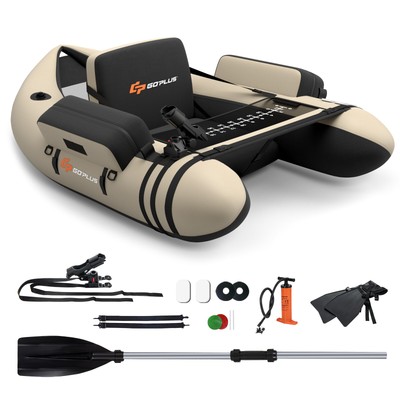 Portable Fishing Boat with Pump, Paddle, Storage Pockets, Fish Ruler Beige