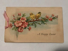 Vintage 1920's Yellow Birds & Magnolia Flowers Easter Greeting Card Ribbon Bound